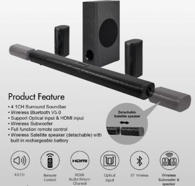 Nakamichi 4.1ch Soundbar w/Wrl Subwoofer Bluetooth SoundStation Saturn Soundbar 4.1聲道日本中道長條型家庭藍牙喇叭  #SD-N4.1 [香港行貨]