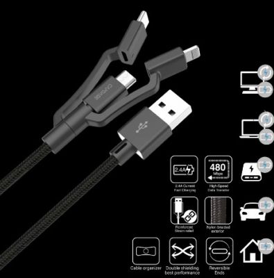 Metallic AM-CL2_2M 3 in 1 USB-A to Micro-USB Lightning and USB-C  SYNC & CHARGE Cable 2M 充電線 #HCCB-M901 [香港行貨] 