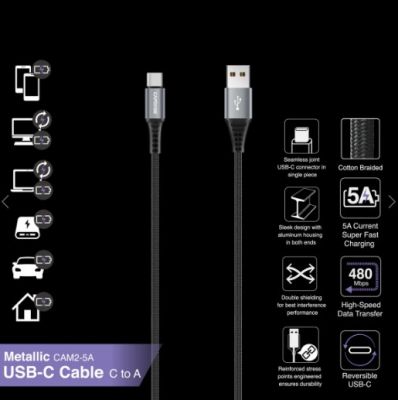 CAPDASE METALLIC CAM2-5A USB-C To USB-A Sync and Charge Cable 1.5M (5A) 快速數據充電線 #HC00-20G1 [香港行貨]