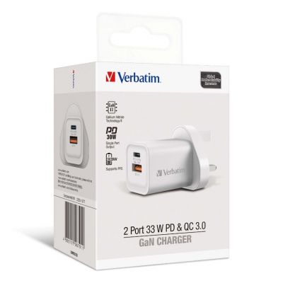 Verbatim 2 port USB&Type-C GaN Charger White 2 端口 33W PD & QC 3.0 GaN 插牆式充電器 白色 #66791 [香港行貨]
