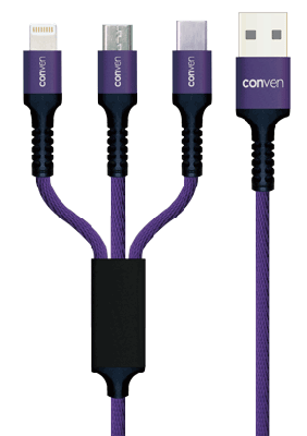 CONVEN 1.2m 3in1 Nylon Charging Cable - PUR 3合1尼龍快充線 #CV-DCA31120-PP [香港行貨]
