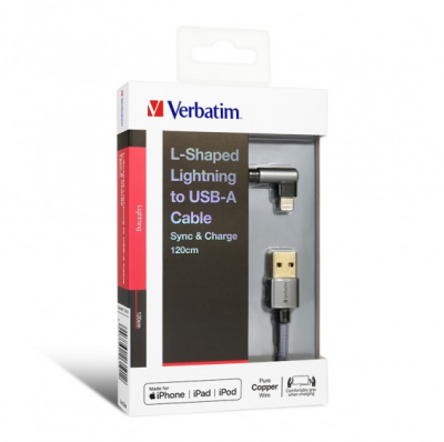 Verbatim 120cm L-Shaped Lightning to USB-A 充電傳輸線 (Grey)  #66191 [香港行貨]