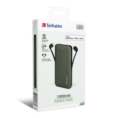 Verbatim QC3.0 & PD MEI 10000mAh Battery - Green 流動充電池 (連嵌入式充電線) #66438 [香港行貨]
