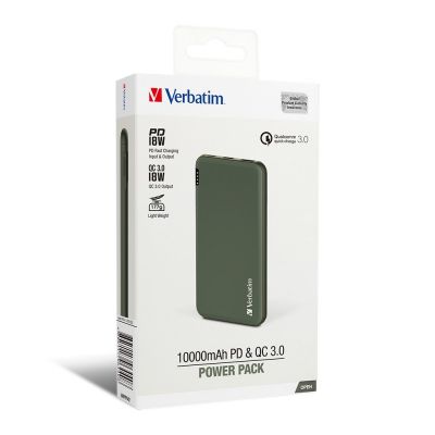 Verbatim QC3.0 & PD 18W 10000mAh Battery - Green 流動充電池 #66440 [香港行貨]