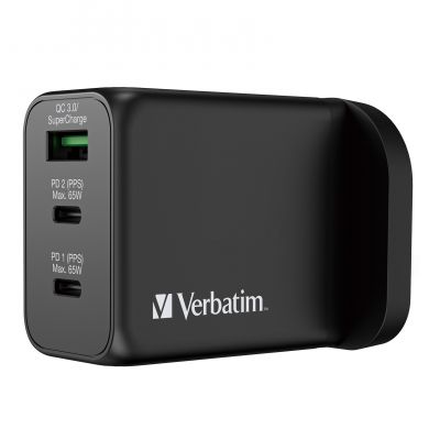 Verbatim 3 Port 65W PD 3.0 & QC 3.0 GaN Charger 充電器 - BK #66716 [香港行貨]