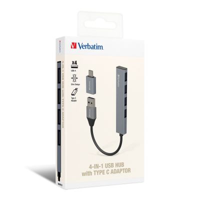 Verbatim 4in1 USB Hub w/Type-C Adaptor 4合1 USB擴展器 - Grey #66753 [香港行貨]