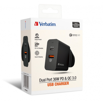 Verbatim Dual Port 36W PD & QC 3.0 USB充電器 #66390 [香港行貨]
