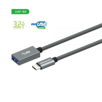 Elementz USB 3.2 Gen1 Type-C to USB-AF Extension Cable 0.6m 延長線 - Gray #UAF-60 [香港行貨]