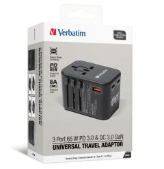 Verbatim 3 Port 65W PD 3.0 & QC 3.0 GaN Universal Travel Charger Adaptor 3孔 65W 通用旅行適配器 轉插 #66851 [香港行貨]