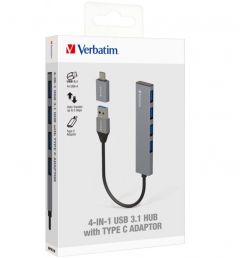 Verbatim 4 Ports USB3.0 Hub Grey 4 合 1 USB 3.1 擴展器 (連Type C 轉接器) #66627 [香港行貨]