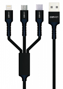CONVEN 1.2m 3in1 Nylon Charging Cable - BK 3合1尼龍快充線 #CV-DCA31120-BK [香港行貨]